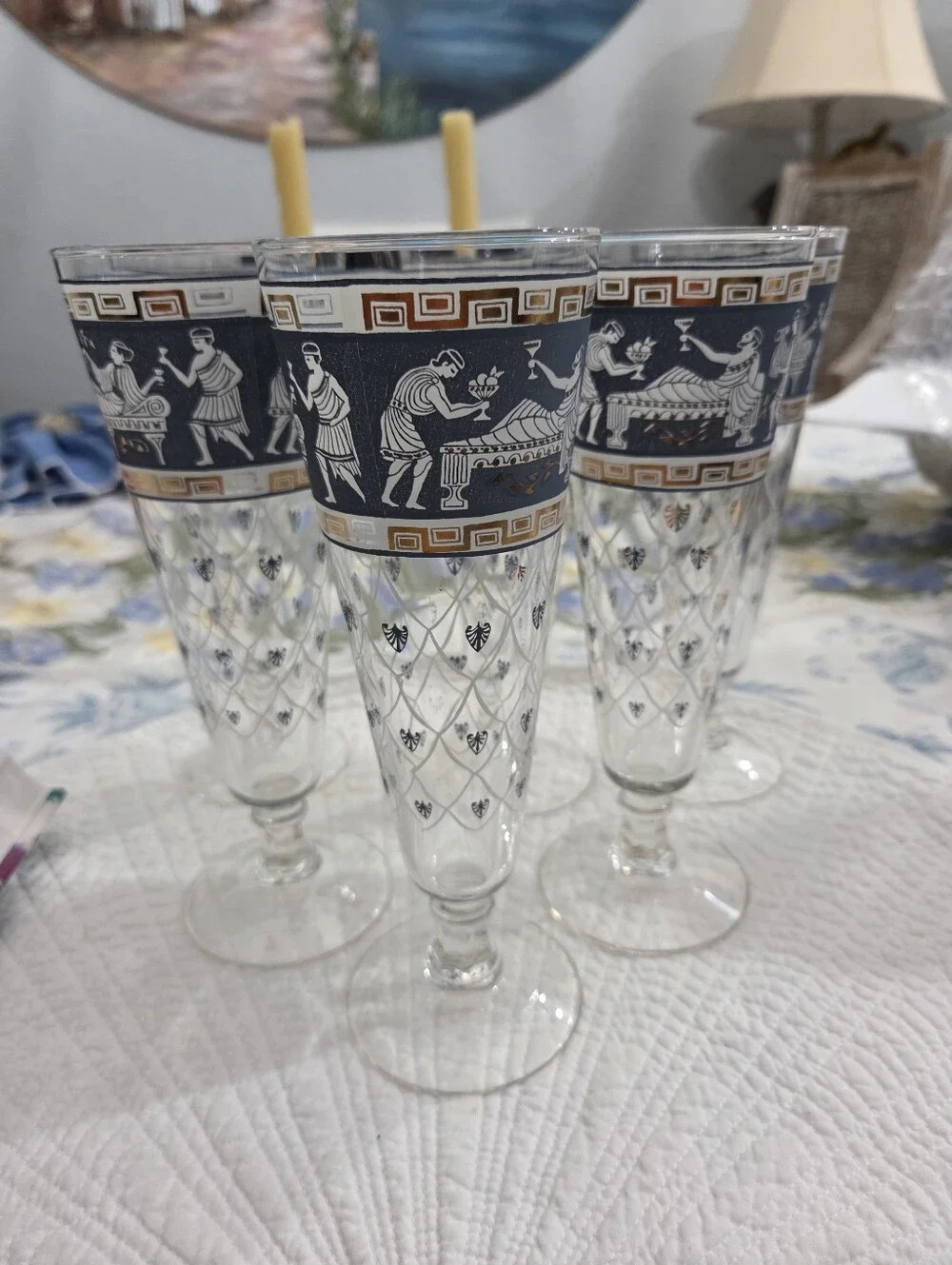 Blue and Gold Greek Revival Champagne Flutes - Set of 6